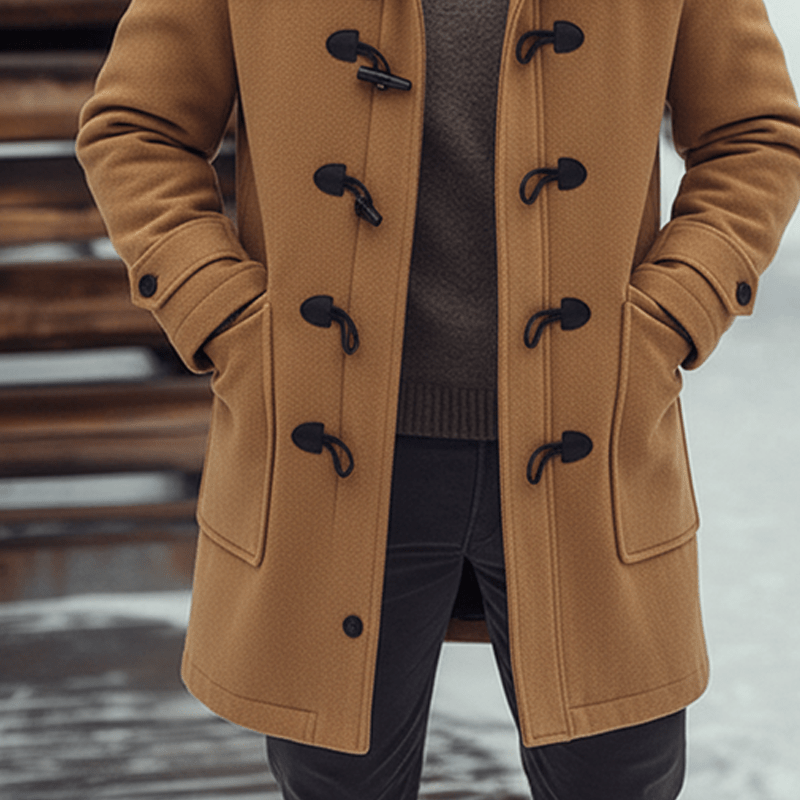 Men's wool blend hooded coat, side view