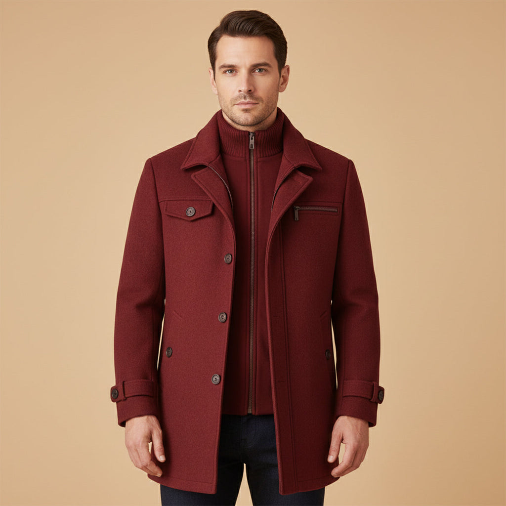 Halstead and Vale wool blend jacket worn, burgundy colorway