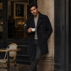 Halstead and Vale wool blend jacket, lifestyle cafe photo