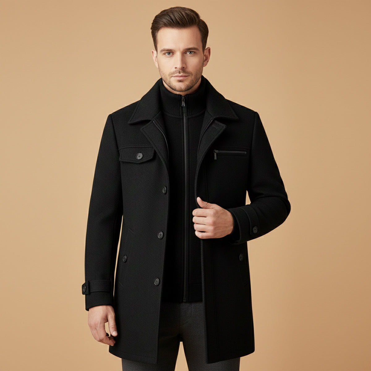 Halstead and Vale wool blend jacket worn, front view