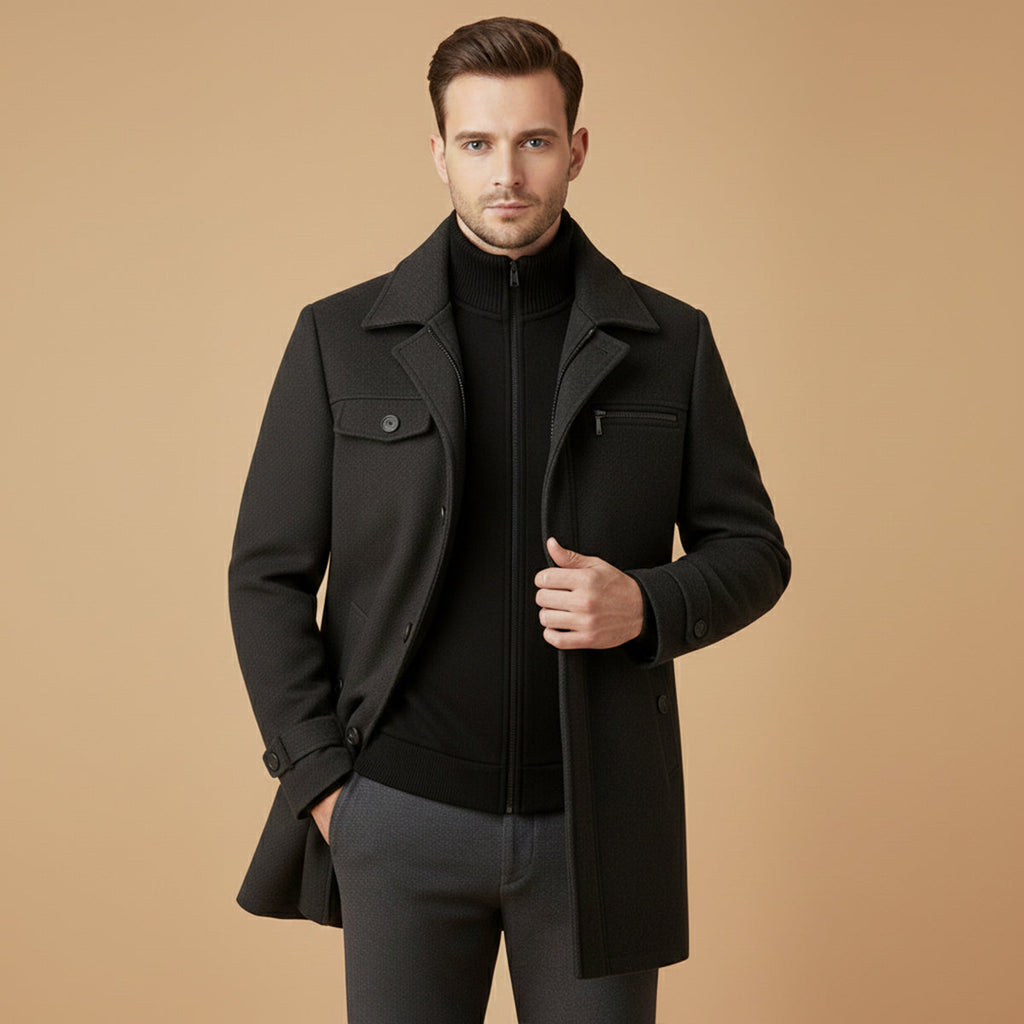 Halstead and Vale wool blend jacket worn, front view