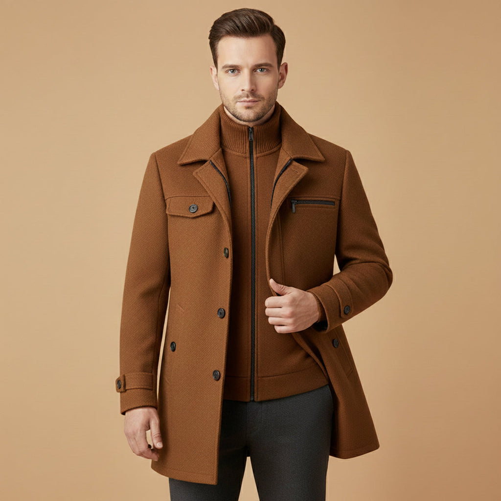 Halstead and Vale wool blend jacket worn, brown colorway
