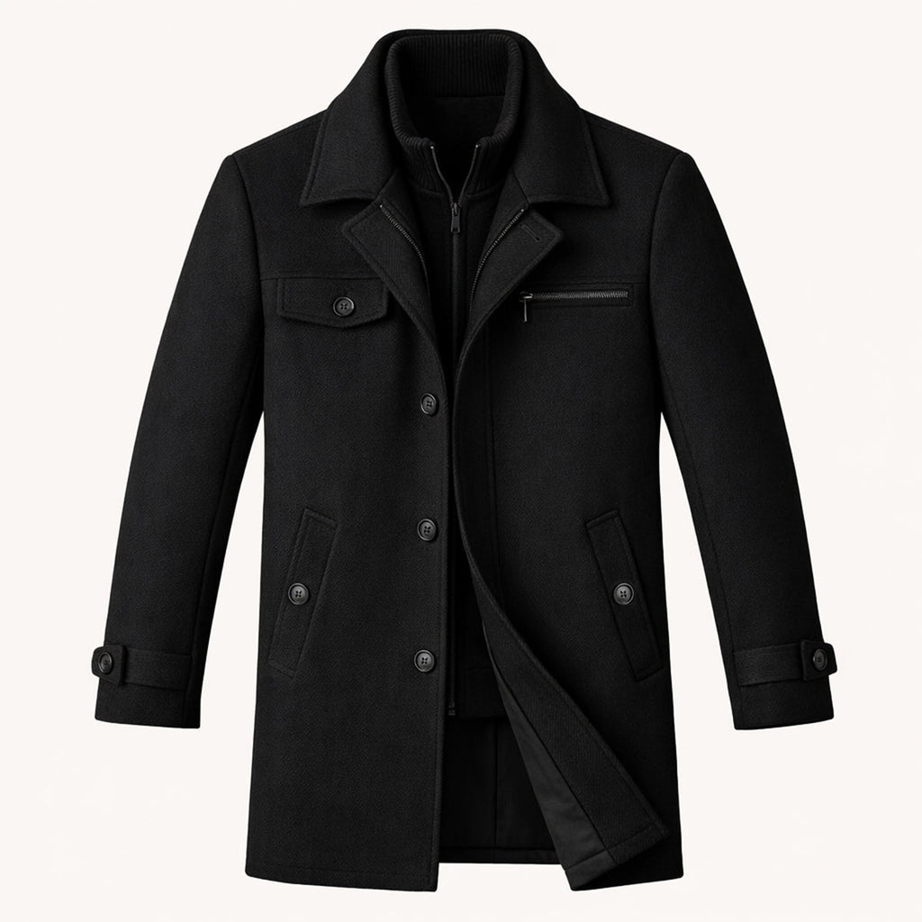 Halstead and Vale wool blend jacket, black colorway, front view