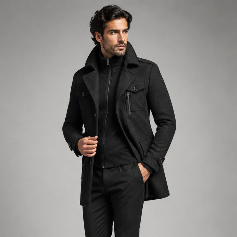 Men's Wool Blend Trench Coat - Black