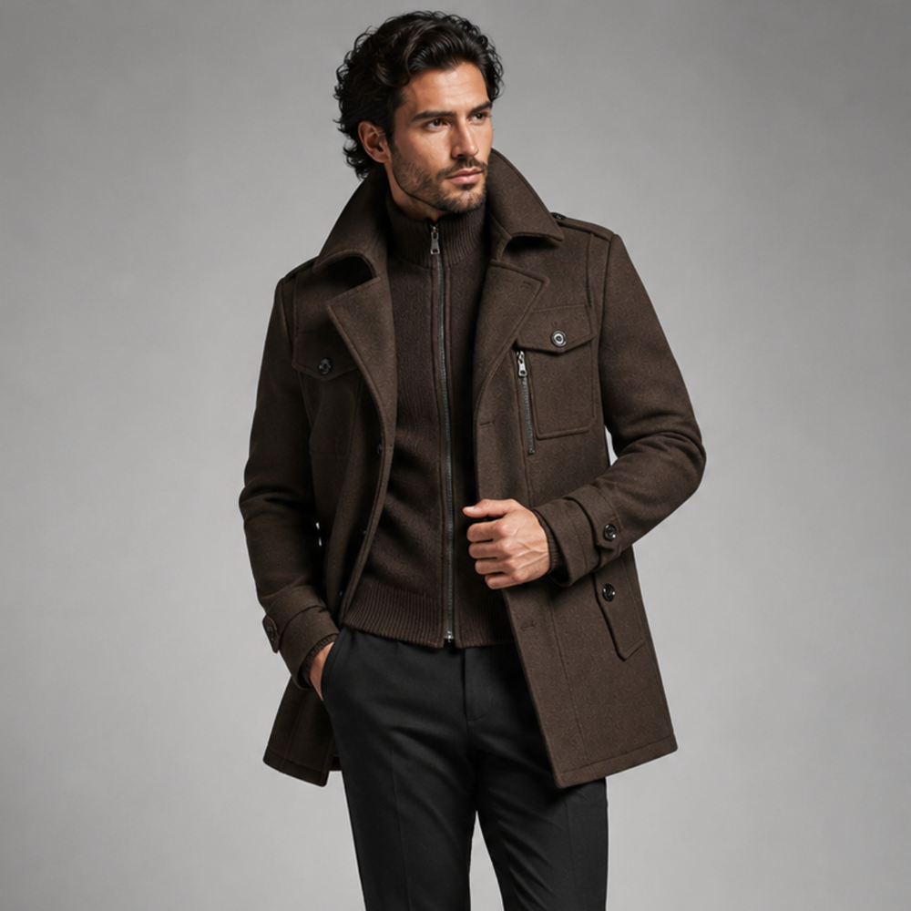 Men's Wool Blend Trench Coat - Brown