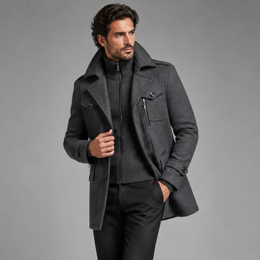 Men's Wool Blend Trench Coat - Grey