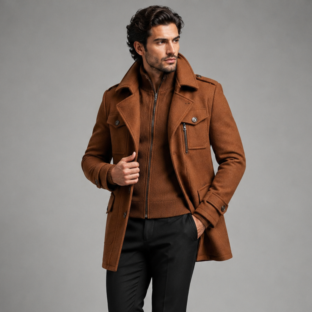Men's Wool Blend Trench Coat - Khaki