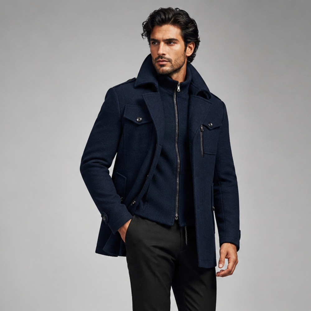 Men's Wool Blend Trench Coat - Navy Blue