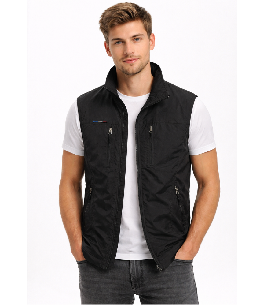 Men's Zip-Up Bodywarmer Vest | Outdoor Stand-Collar Gilet - Black