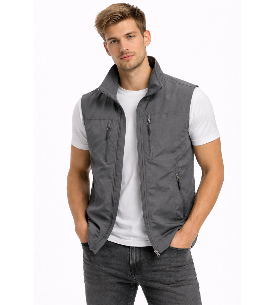Men's Zip-Up Bodywarmer Vest | Outdoor Stand-Collar Gilet - Grey