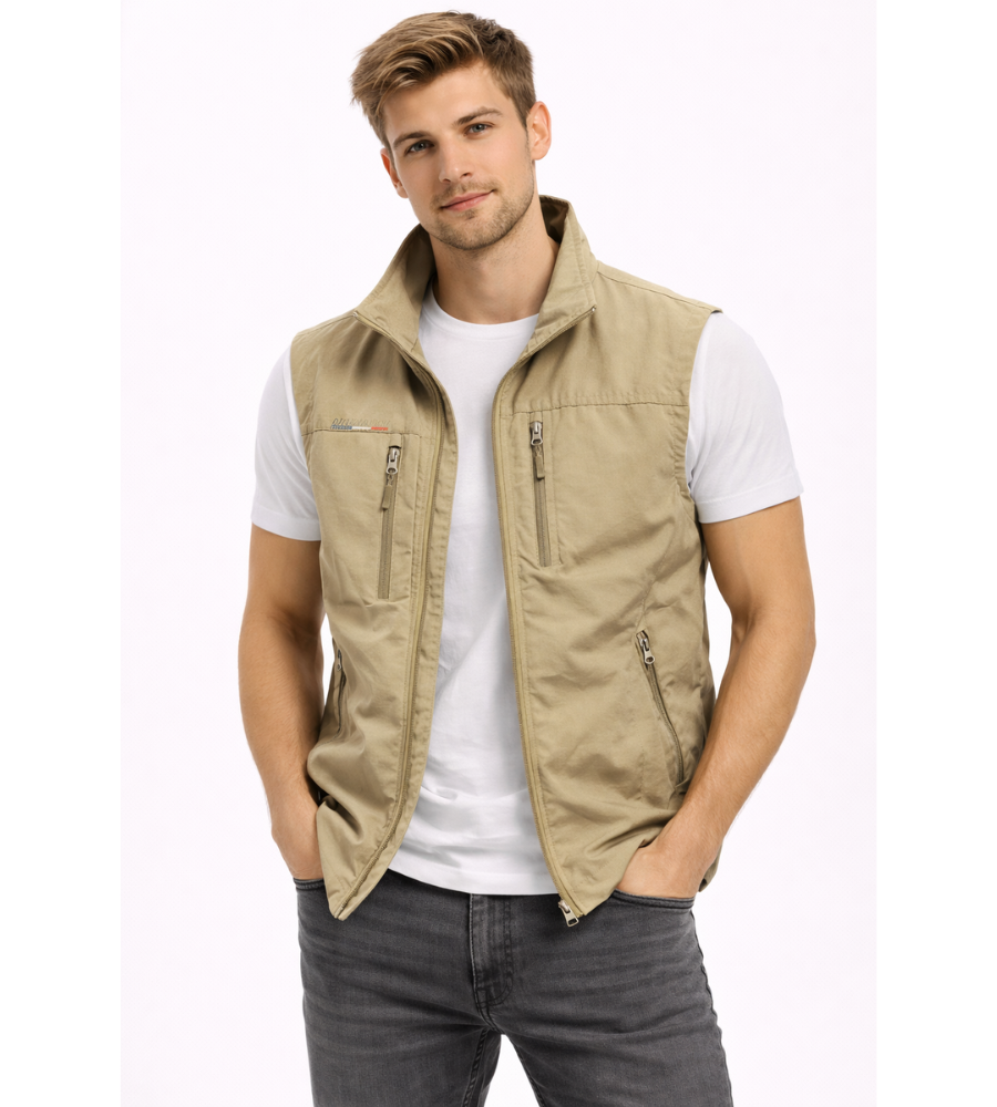 Men's Zip-Up Bodywarmer Vest | Outdoor Stand-Collar Gilet - Khaki