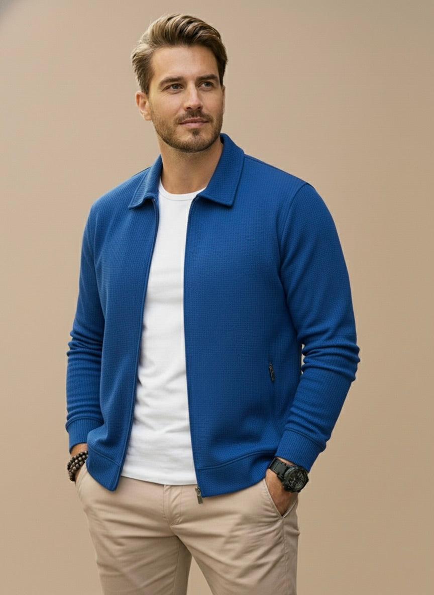 Men's Zip-Up Cardigan with Stand Collar - Blue
