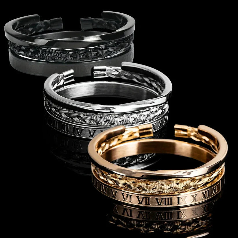 Oscar Cuff Bracelet Set | Engraved Roman Numerals Bracelet