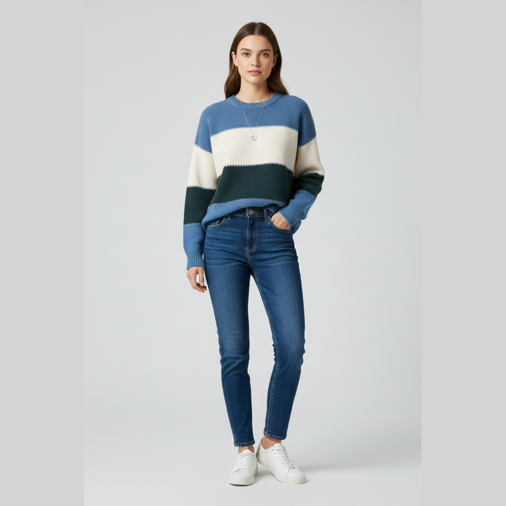 Striped Colorblock Knit Sweater - Blue - on model
