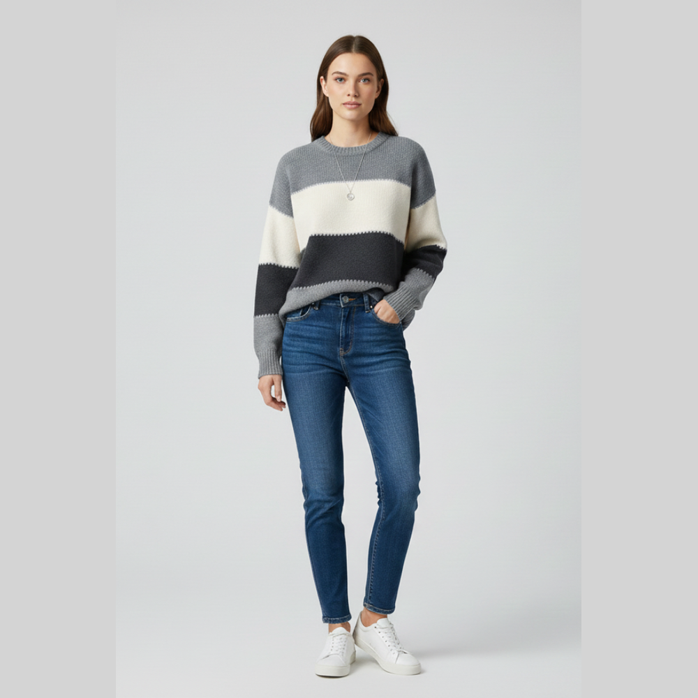 Striped Colorblock Knit Sweater - Grey - on model