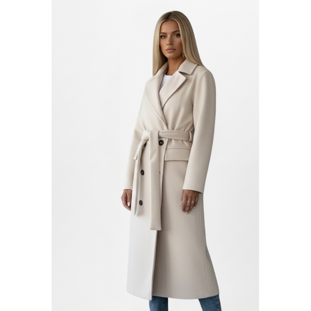 Women's Belted Double-Breasted Long Coat - on model