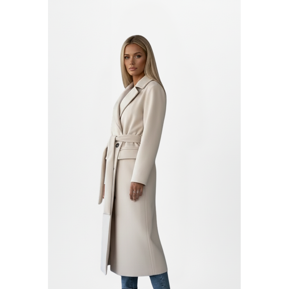 Women's Belted Double-Breasted Long Coat - on model