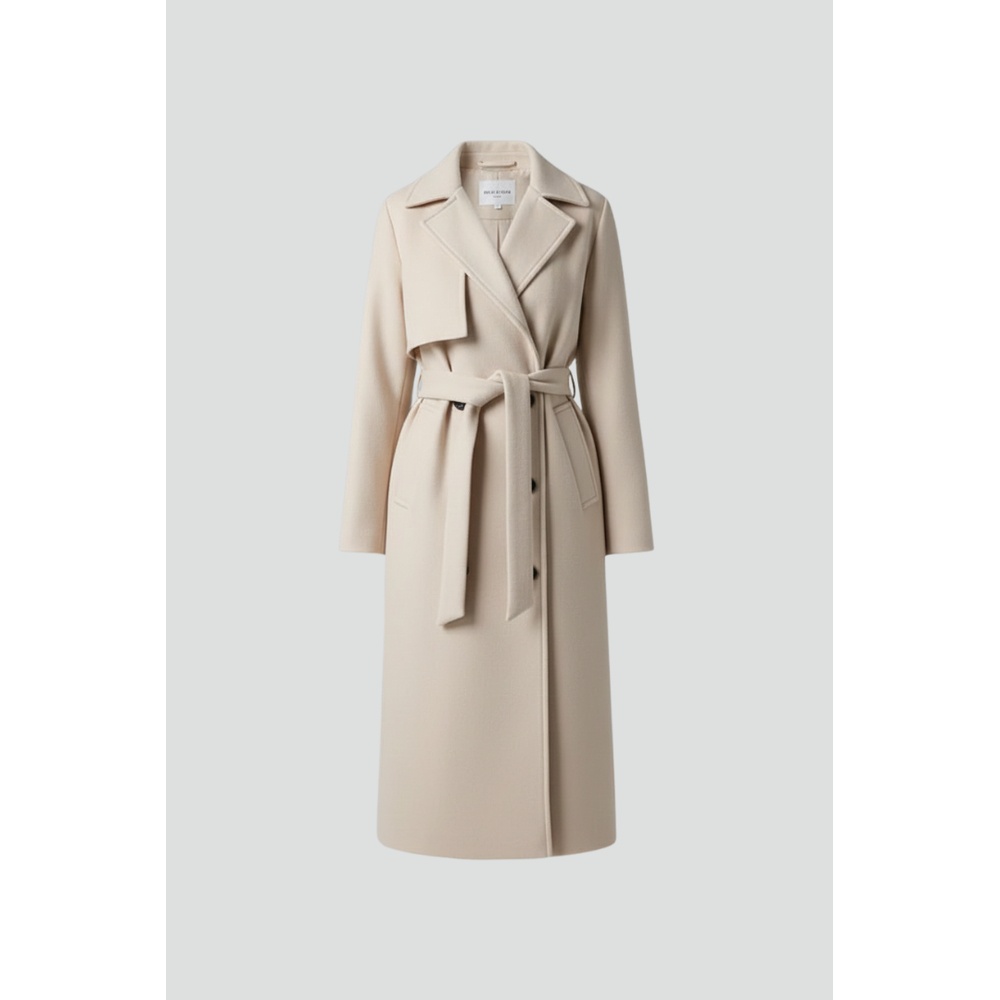 Women's Belted Double-Breasted Long Coat - front view