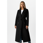 Women's Belted Double-Breasted Long Coat - Black - on model