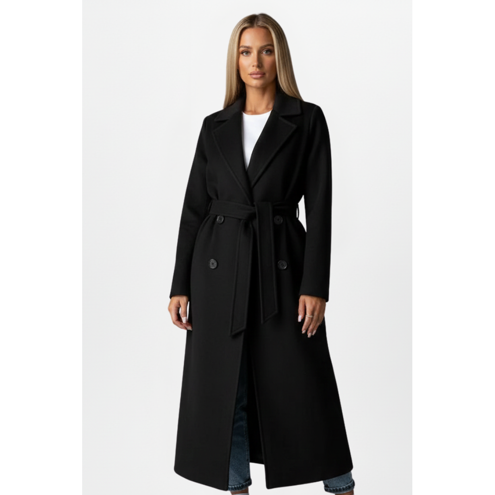 Women's Belted Double-Breasted Long Coat - Black - on model