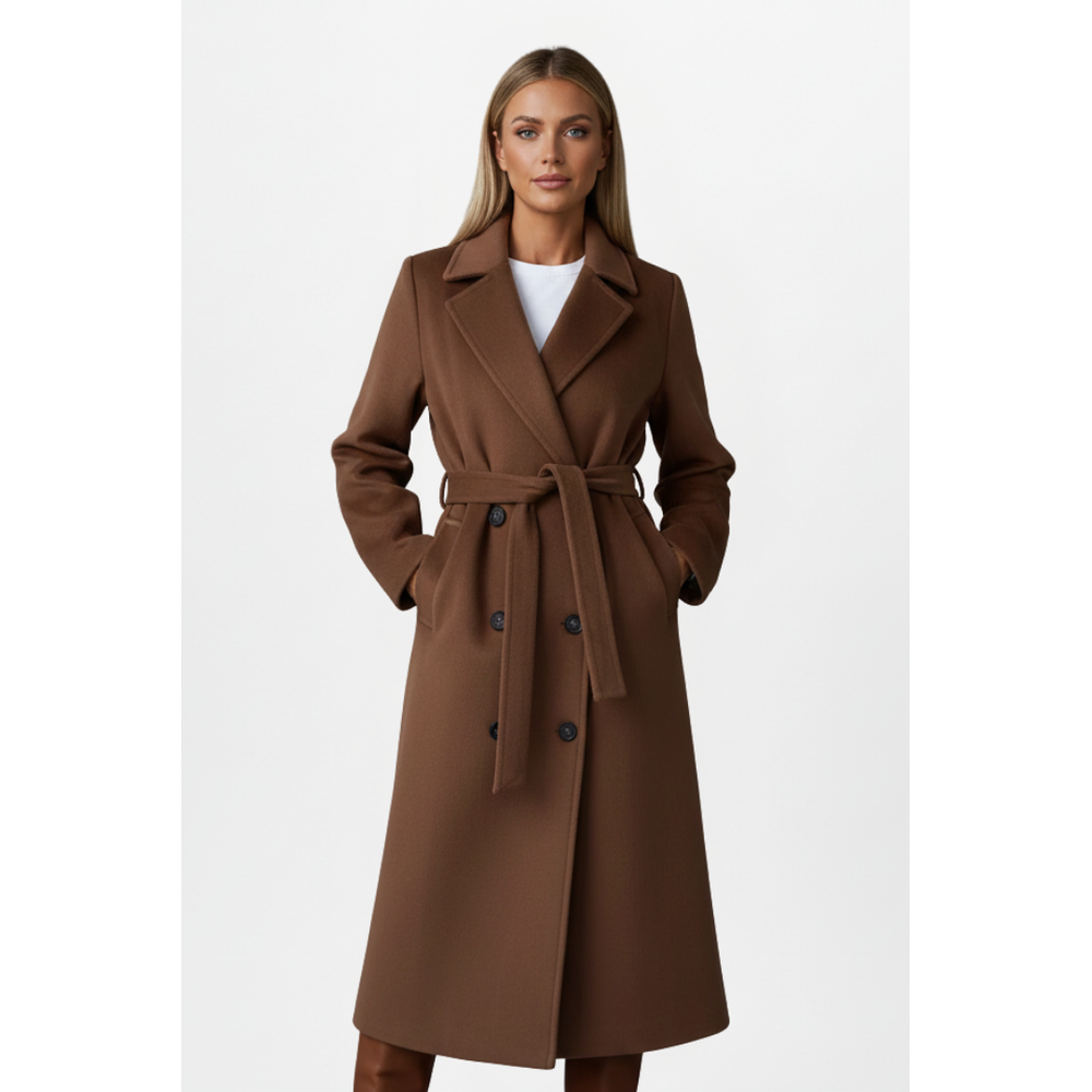 Women's Belted Double-Breasted Long Coat - Brown - on model