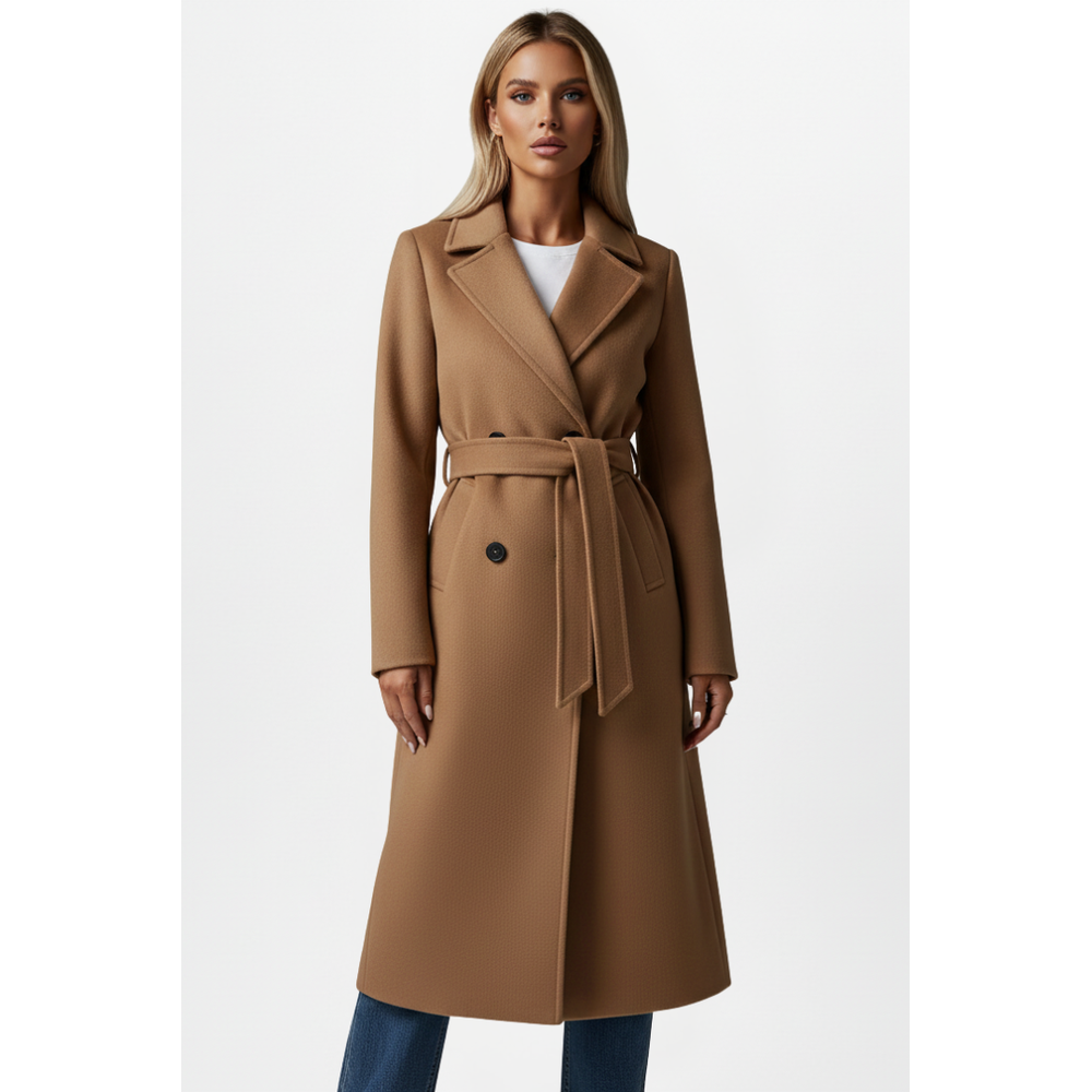 Women's Belted Double-Breasted Long Coat - Camel - on model