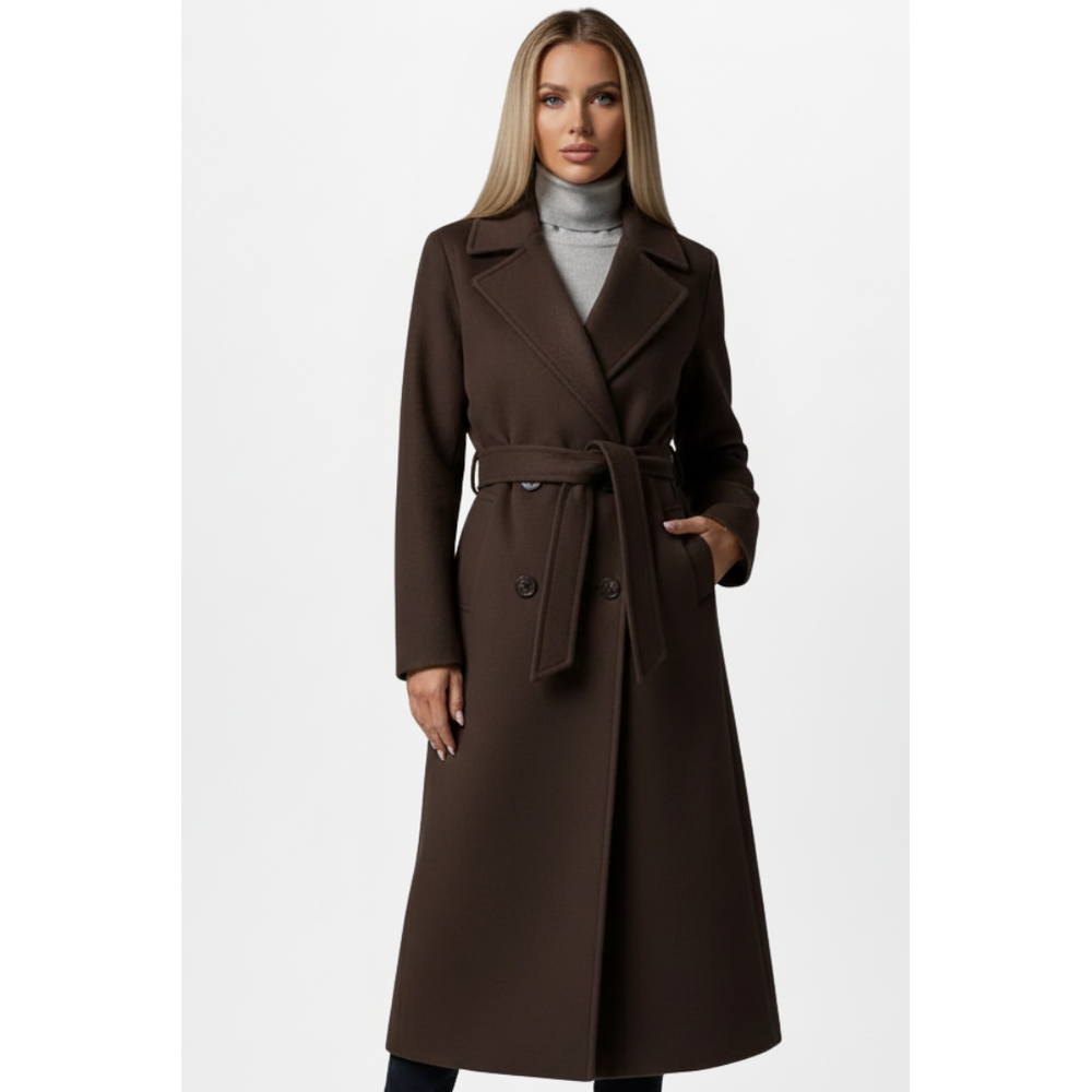 Women's Belted Double-Breasted Long Coat - Chocolate Brown - on model
