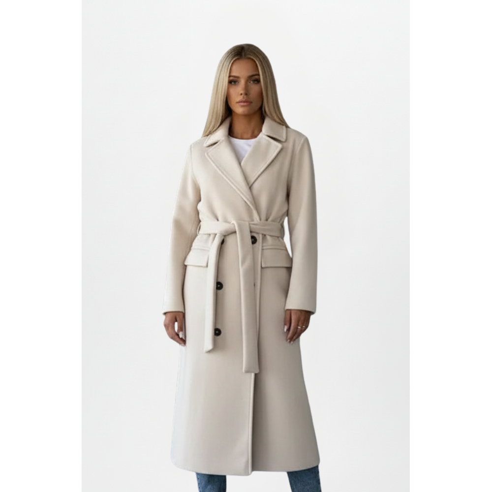 Women's Belted Double-Breasted Long Coat - Cream - on model