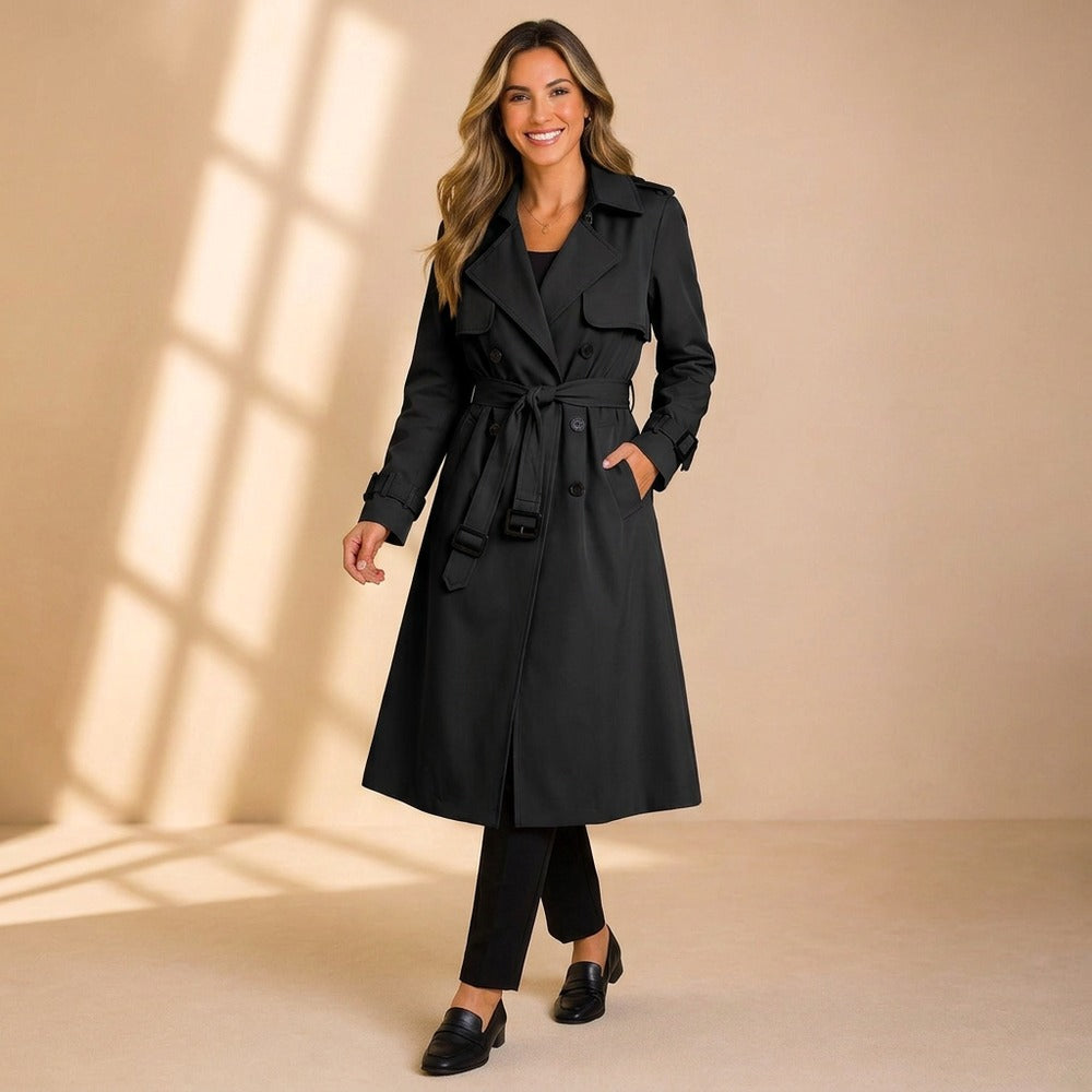Women's Belted Double-Breasted Trench Coat - Black - on model