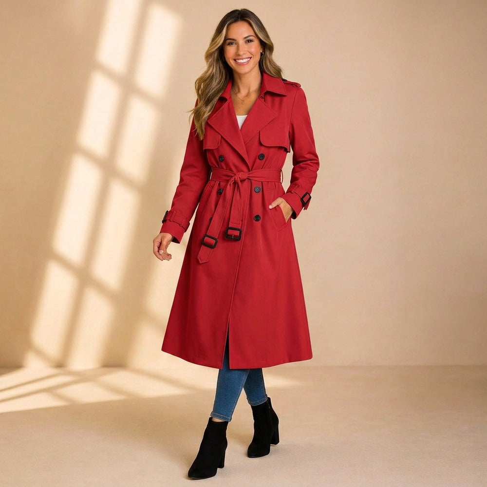 Women's Belted Double-Breasted Trench Coat - Red - on model