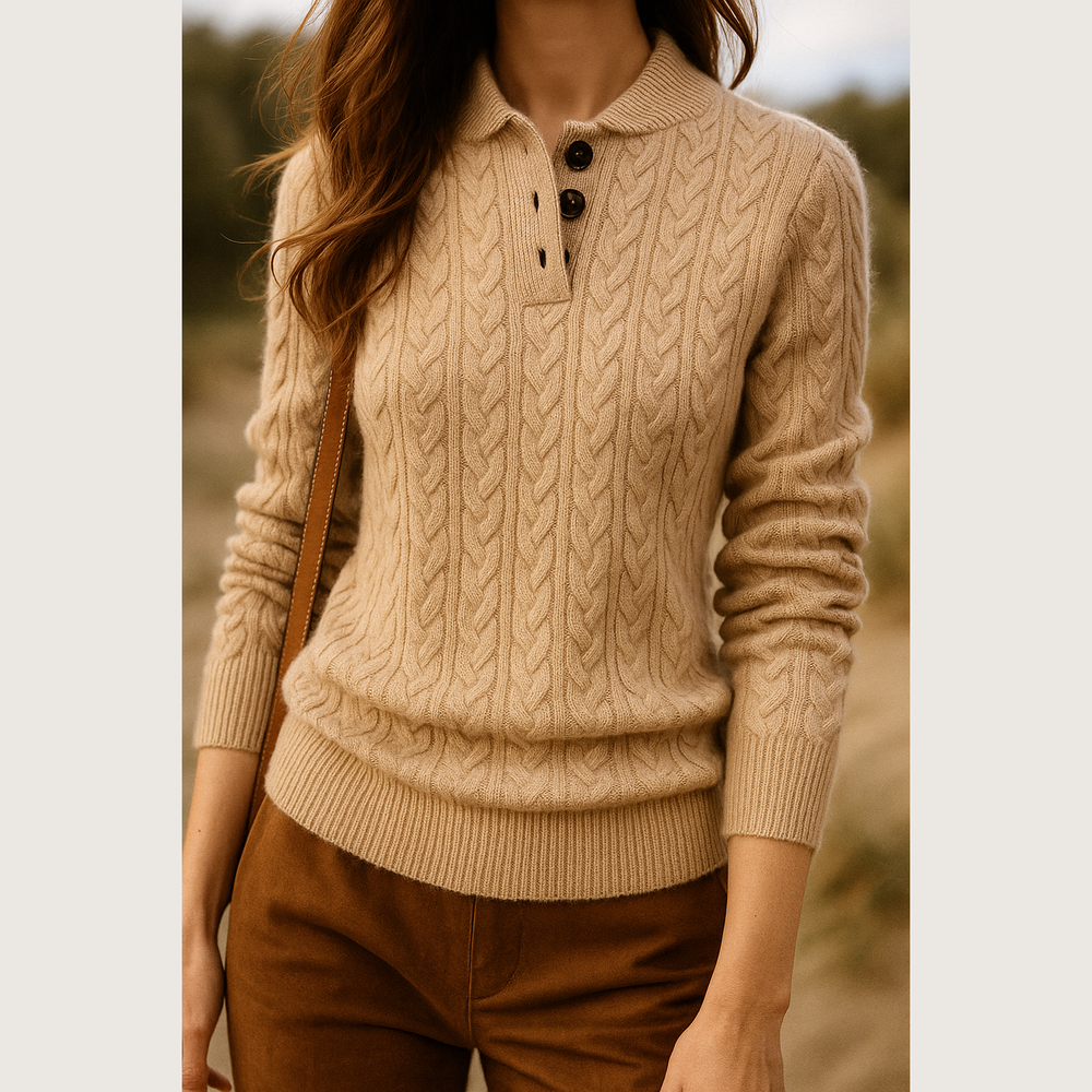 Women's Button-Up Cable Knit Sweater - Khaki - on model