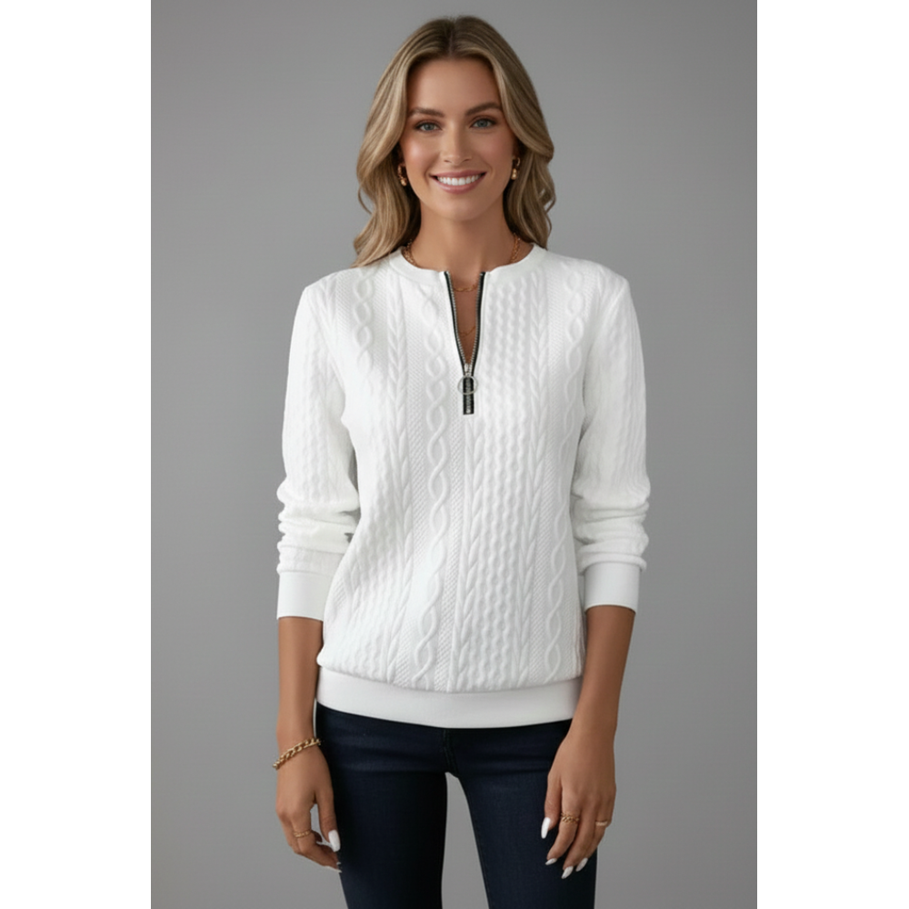 Women's Cable Knit Zip-Neck Jumper - White - on model