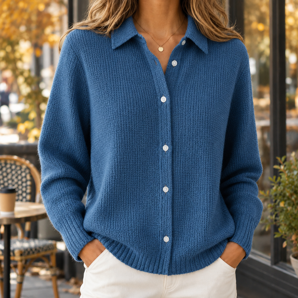Women's Collared Button-Front Knit Cardigan in Denim Blue, worn on model