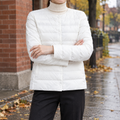 Women's Collarless Quilted Puffer Jacket in White, worn on model