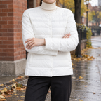 Women's Collarless Quilted Puffer Jacket in White, worn on model