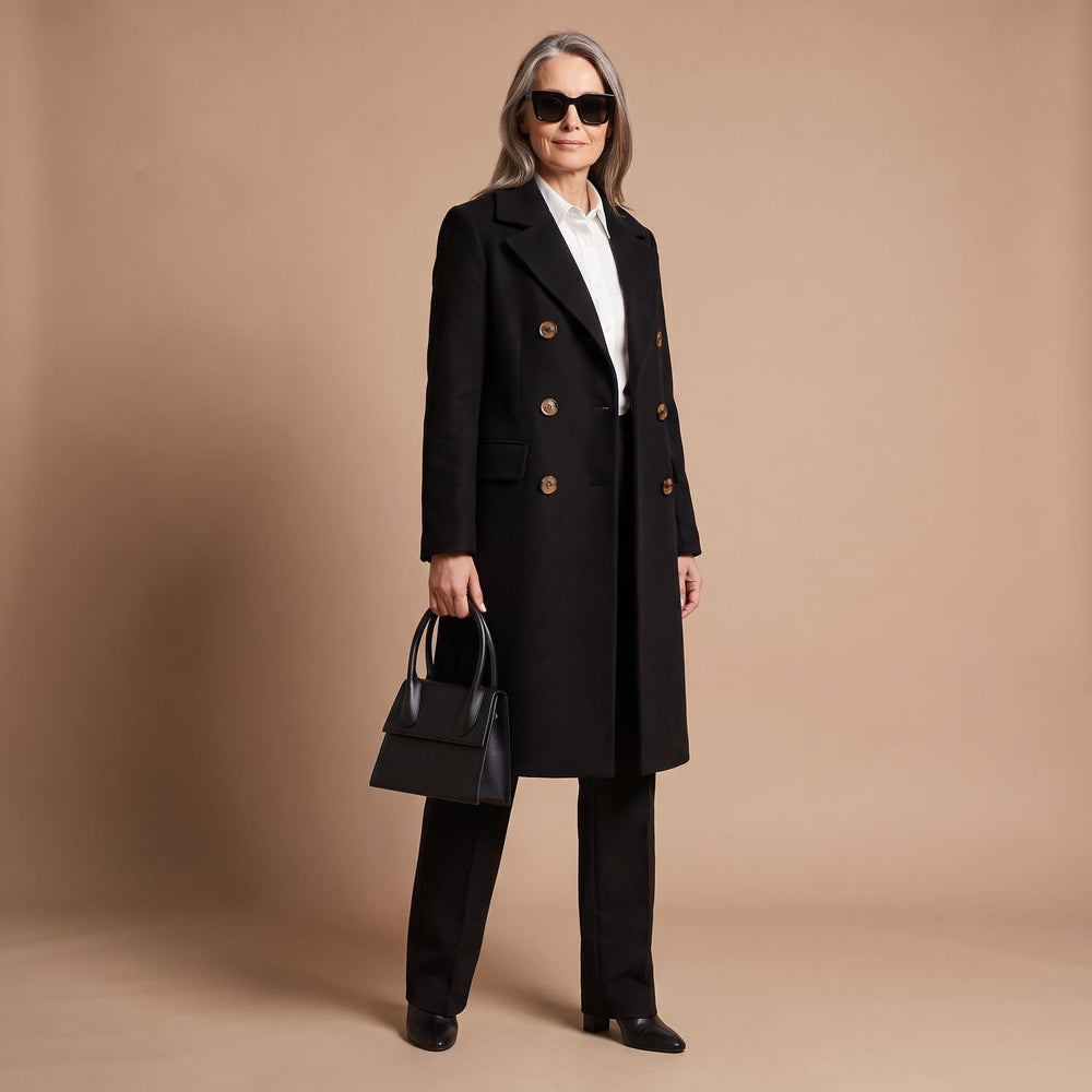 Women's Double-Breasted Wool-Blend Midi Coat - Black - on model