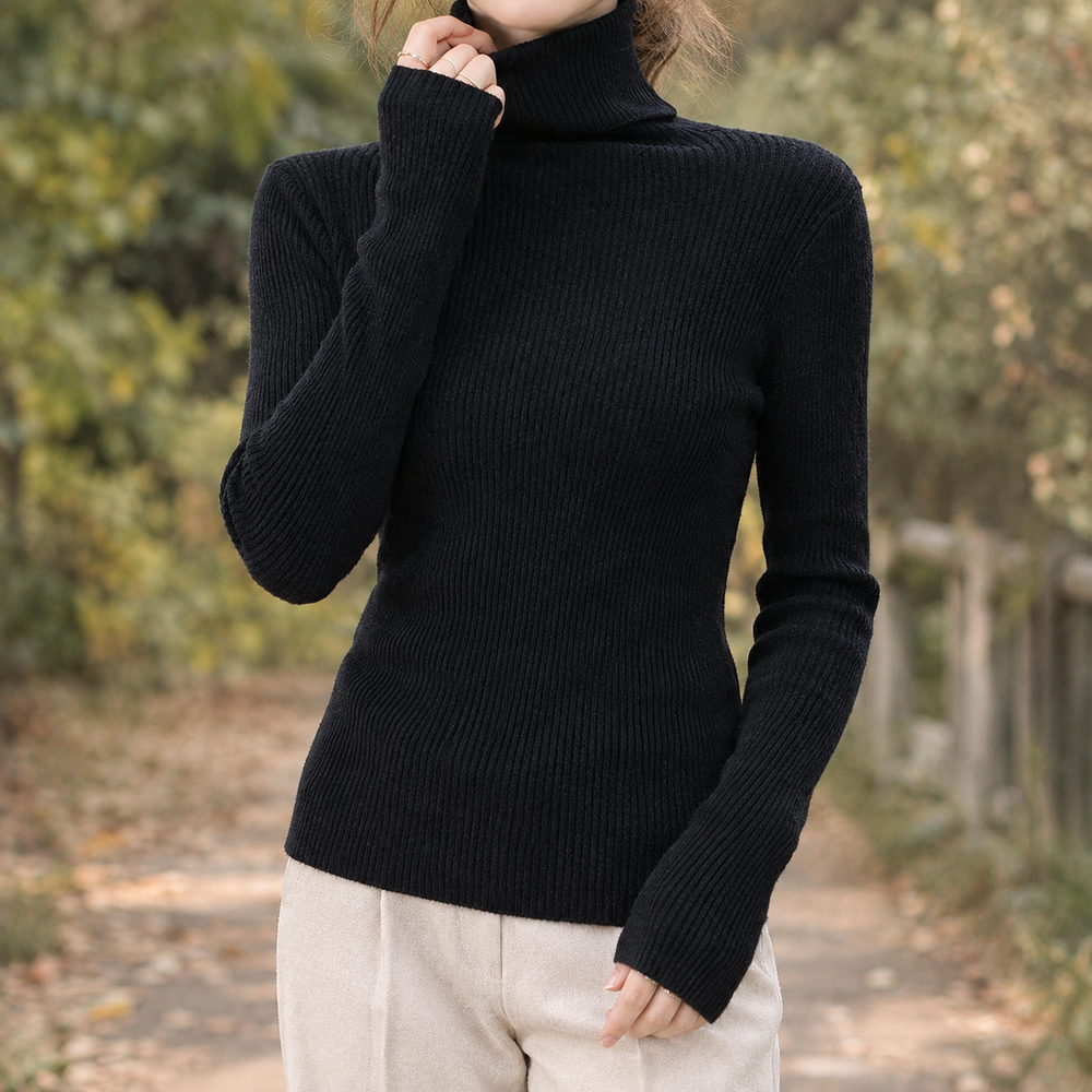 Women's Fitted Ribbed Turtleneck Sweater - Black - on model