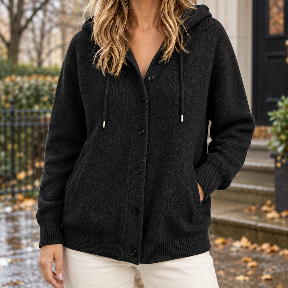 Women's Hooded Button-Front Cardigan - Black - on model