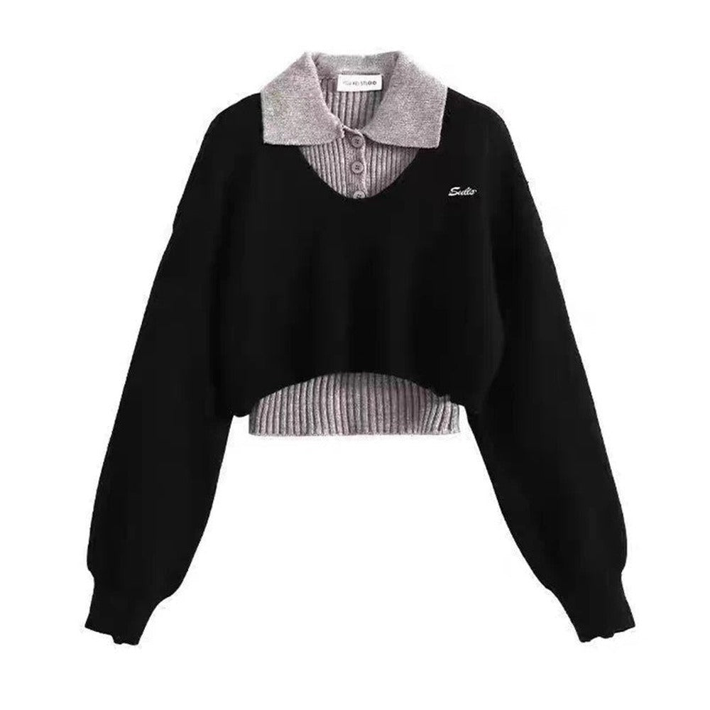 Women's Layered Knit Cropped Sweater - Black