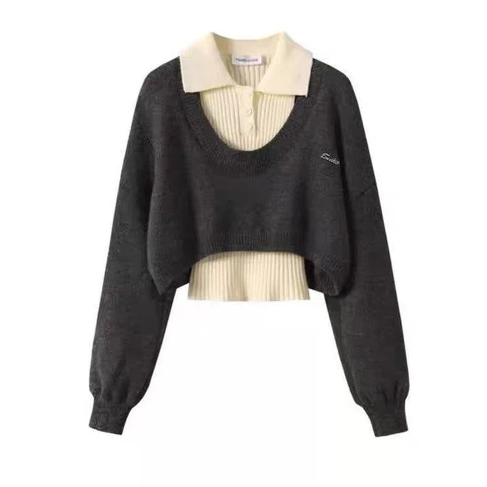 Women's Layered Knit Cropped Sweater - Grey
