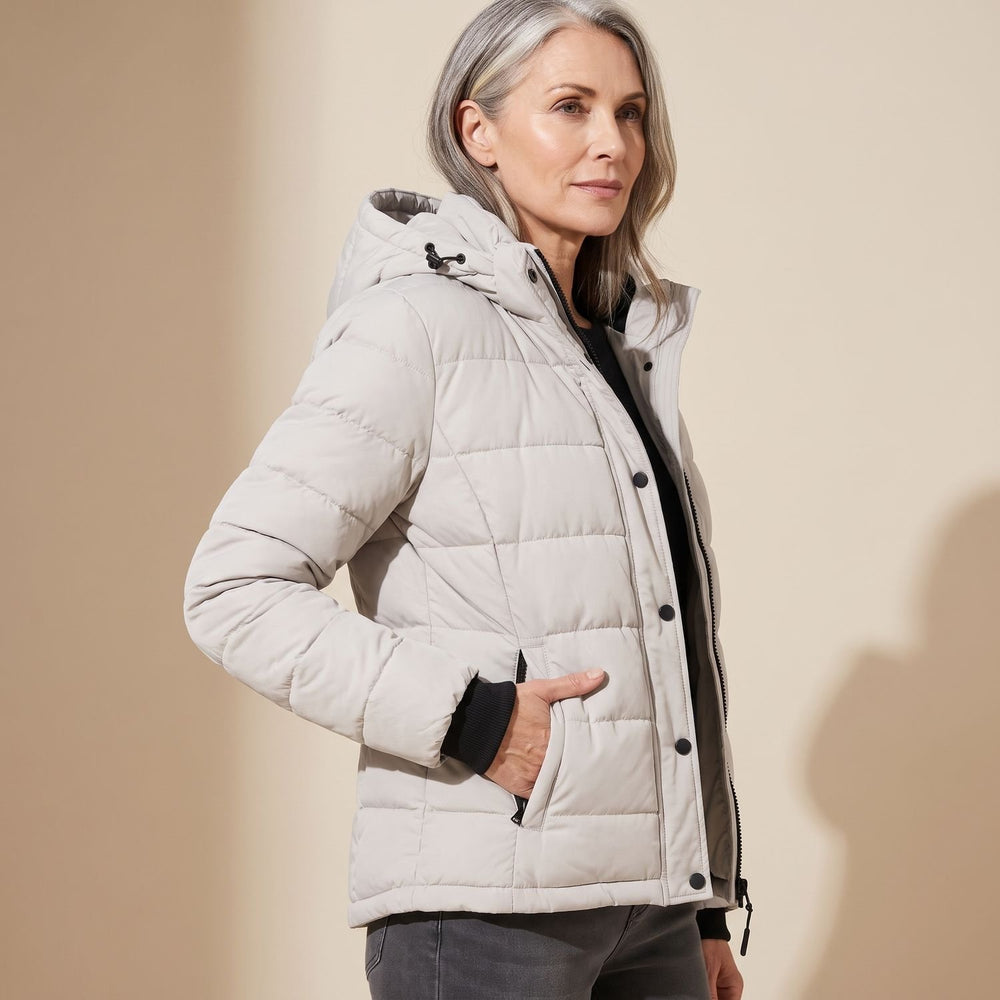 Women's Lightweight Hooded Quilted Puffer Jacket - Gray - on model