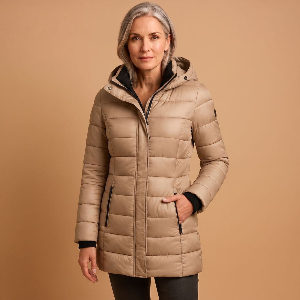 Women's Lightweight Hooded Quilted Puffer Jacket - Khaki - on model