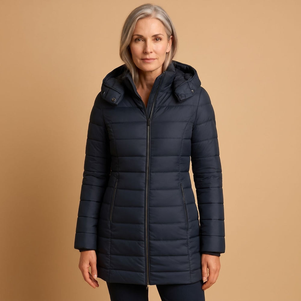 Women's Lightweight Hooded Quilted Puffer Jacket - Navy Blue - on model