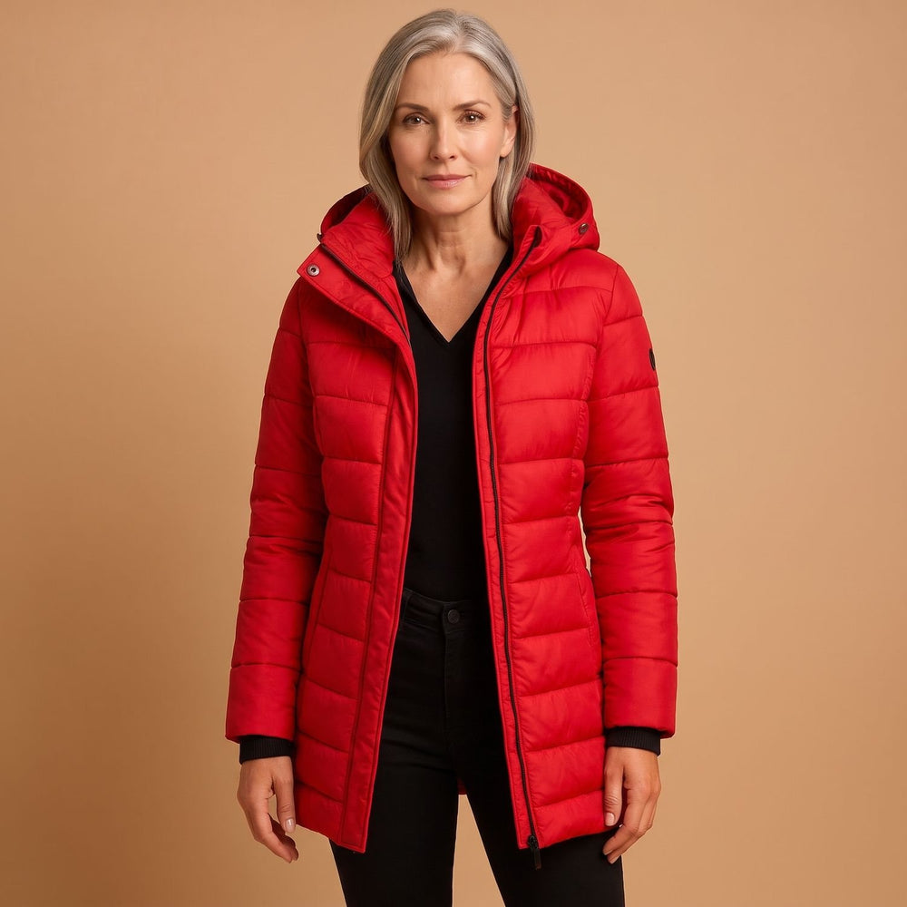 Women's Lightweight Hooded Quilted Puffer Jacket - Red - on model