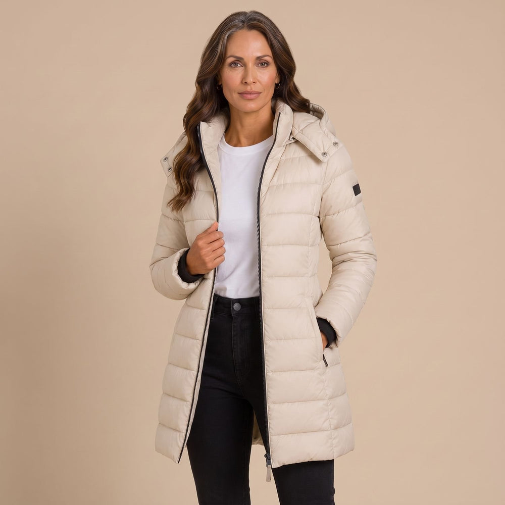 Women's Long Hooded Quilted Puffer Jacket Insulated Winter Coat - Beige - on model