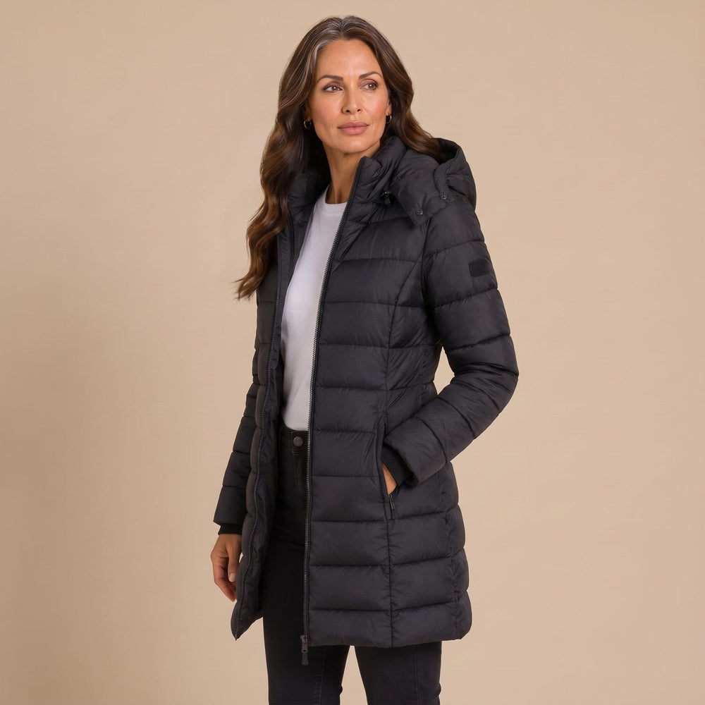 Women's Long Hooded Quilted Puffer Jacket Insulated Winter Coat - Black - on model