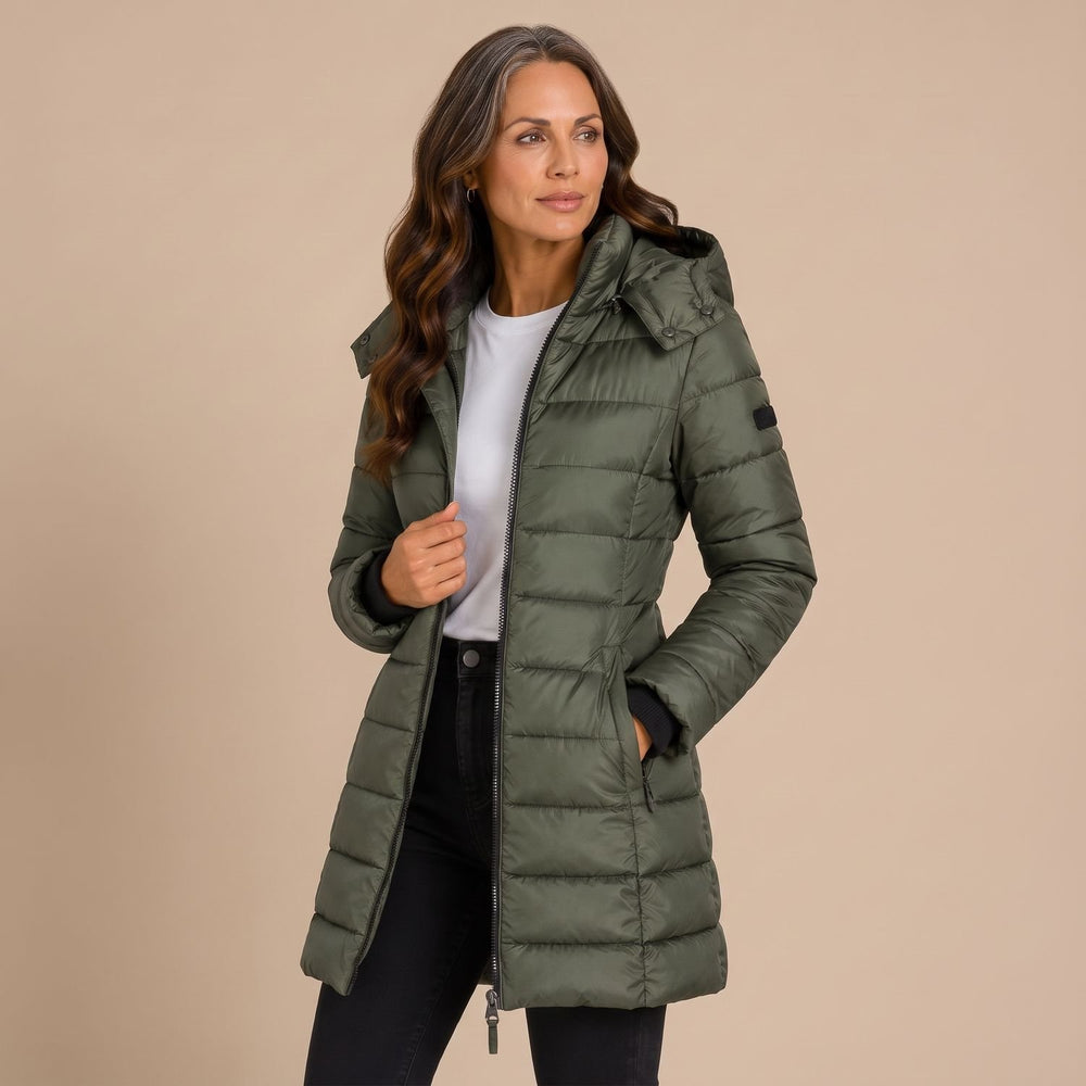 Women's Long Hooded Quilted Puffer Jacket Insulated Winter Coat - Green - on model