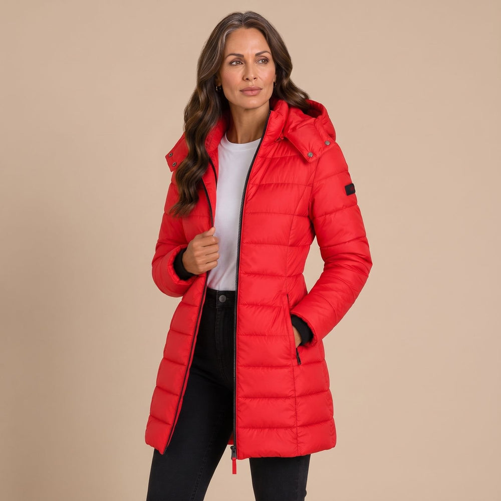 Women's Long Hooded Quilted Puffer Jacket Insulated Winter Coat - Red - on model