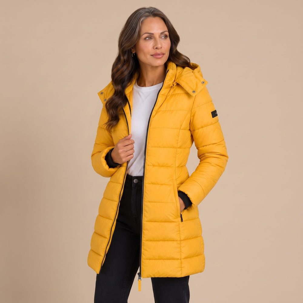 Women's Long Hooded Quilted Puffer Jacket Insulated Winter Coat - Yellow - on model