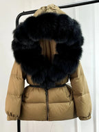 Women's long puffer jacket with fur hood - lifestyle photo
